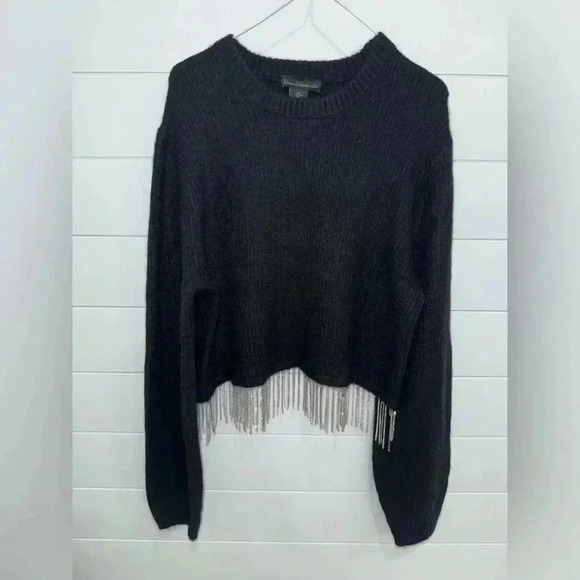 House Of Harlow 1960 Black Wool Mohair Blend Crop Sweater Rhinestone Fringe - Picture 2 of 5